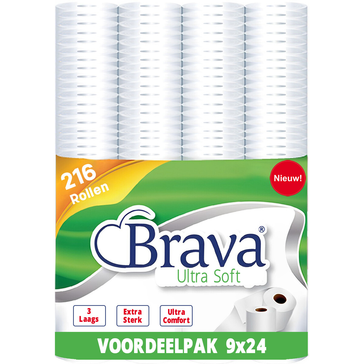 Brava - Papier Toilette 216 Rouleaux - 3 épaisseur - Pack d'économie - Papier Toilette Confort - Pack d'économie de rouleaux de papier toilette - Bundle d'économie de rouleaux de toilette