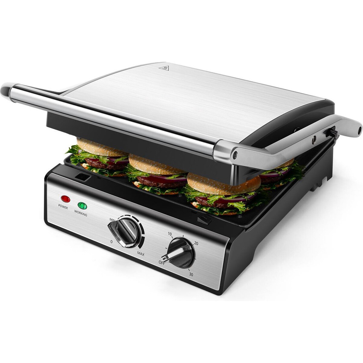 Grill de contact - Appareil à Croque-Monsieur - Aigi Mixo - Toucher Froid - Minuteur - Inox - Noir/Argent