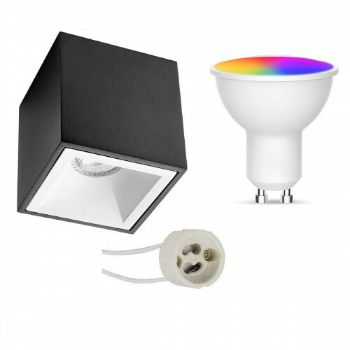 Ensemble de Spots en Saillie GU10 - Facto - LED Intelligente - LED Wifi - 5W - RGB+CCT - Couleur de lumière ajustable - Dimmable - Pragmi Cliron Pro - En Saillie Carré - Mat Noir/Blanc - Encastré - 90mm