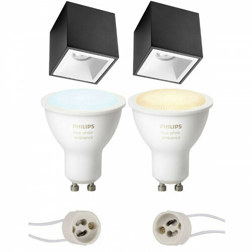 Pragmi Cliron Pro - En Saillie Carré - Mat Noir/Blanc - Encastré - 90mm - Philips Hue - Ensemble de Spots en Saillie GU10 - White Ambiance - Bluetooth