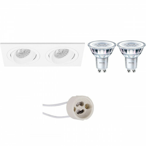 Set de spots LED - Pragmi Borny Pro - Douille GU10 - Double Rectangulaire Encastré - Mat Blanc - Inclinable - 175x92mm - Philips - CorePro 830 36D - 4.6W - Blanc Chaud 3000K