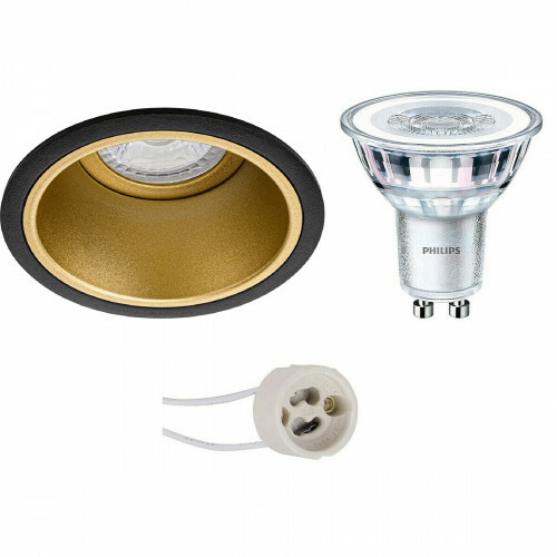 Set de spots LED - Pragmi Minko Pro - Douille GU10 - Rond Encastré - Mat Noir/Or - Encastré - Ø90mm - Philips - CorePro 830 36D - 4W - Blanc Chaud 3000K - Dimmable