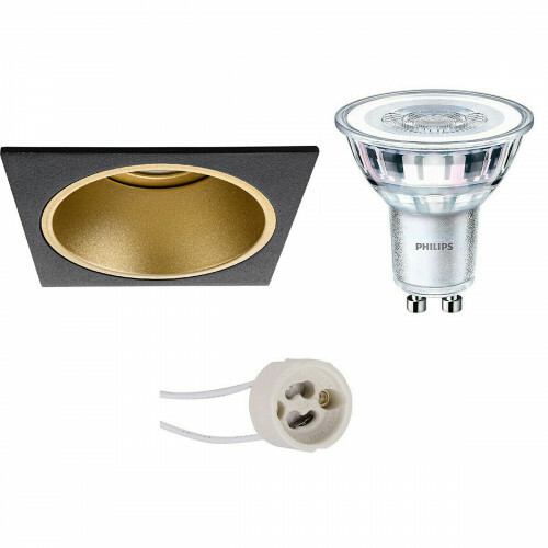 Set de spots LED - Pragmi Minko Pro - Douille GU10 - Carré Encastré - Mat Noir/Or - Encastré - 90mm - Philips - CorePro 827 36D - 4.6W - Blanc Chaud 2700K