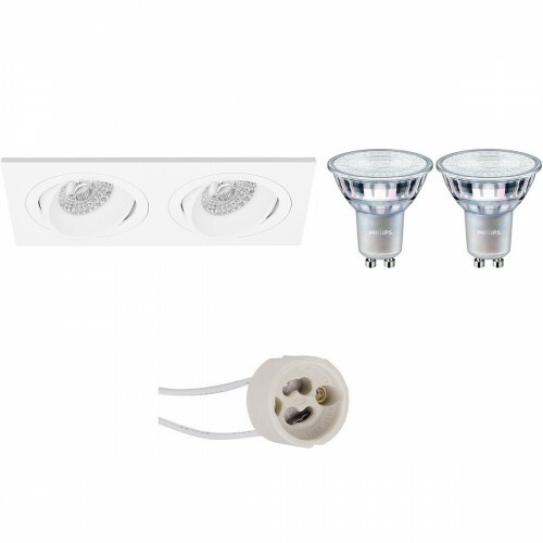 Set de spots LED - Pragmi Borny Pro - Douille GU10 - Double Rectangulaire Encastré - Mat Blanc - Inclinable - 175x92mm - Philips - MASTER 927 36D VLE - 3.7W - Blanc Chaud 2200K-2700K - DimTone Dimmable