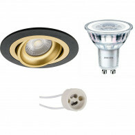 Set de spots LED - Pragmi Alpin Pro - Douille GU10 - Rond Encastré - Mat Noir/Or - Inclinable Ø92mm - Philips - CorePro 840 36D - 5W - Blanc Neutre 4000K - Dimmable