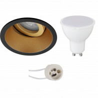 Set de spots LED - Pragmi Zano Pro - Douille GU10 - Rond Encastré - Mat Noir/Or - 6W - Blanc Neutre 4200K - Inclinable - Ø93mm