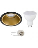 LED Spot Set - Pragmi Minko Pro - GU10 Fitting - Inbouw Rond - Mat Zwart/Goud - 4W - Warm Wit 3000K - Verdiept - Ø90mm