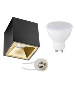 Opbouwspot Set - Pragmi Cliron Pro - GU10 Fitting - Opbouw Vierkant - Mat Zwart/Goud - 4W - Warm Wit 3000K - Verdiept - 90mm