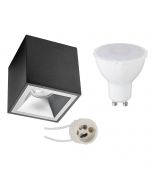 Opbouwspot Set - Pragmi Cliron Pro - GU10 Fitting - Opbouw Vierkant - Mat Zwart/Zilver - 4W - Warm Wit 3000K - Verdiept - 90mm