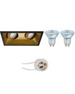 OSRAM - LED Spot Set - Parathom PAR16 927 36D - Pragmi Zano Pro - GU10 Fitting - Dimbaar - Inbouw Rechthoek Dubbel - Mat Zwart/Goud - 3.7W - Warm Wit 2700K - Kantelbaar - 185x93mm