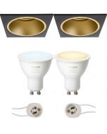 PHILIPS HUE - LED Spot Set GU10 - White Ambiance - Bluetooth - Pragmi Minko Pro - Inbouw Vierkant - Mat Zwart/Goud - Verdiept - 90mm