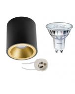 PHILIPS - Opbouwspot Set - SceneSwitch 827 36D - Pragmi Cliron Pro - GU10 Fitting - Dimbaar - Opbouw Rond - Mat Zwart/Goud - 1.5W-5W - Warm Wit 2200K-2700K - Verdiept - Ø90mm