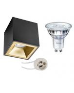 PHILIPS - Opbouwspot Set - SceneSwitch 827 36D - Pragmi Cliron Pro - GU10 Fitting - Dimbaar - Opbouw Vierkant - Mat Zwart/Goud - 1.5W-5W - Warm Wit 2200K-2700K - Verdiept - 90mm