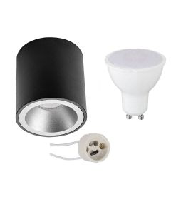 Opbouwspot Set - Pragmi Cliron Pro - GU10 Fitting - Opbouw Rond - Mat Zwart/Zilver - 4W - Warm Wit 3000K - Verdiept - Ø90mm