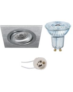 OSRAM - LED Spot Set - Parathom PAR16 927 36D - Pragmi Borny Pro - GU10 Fitting - Dimbaar - Inbouw Vierkant - Mat Zilver - 3.7W - Warm Wit 2700K - Kantelbaar - 92mm