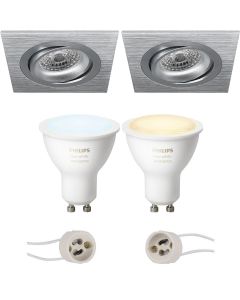 PHILIPS HUE - LED Spot Set GU10 - White Ambiance - Bluetooth - Pragmi Borny Pro - Inbouw Vierkant - Mat Zilver - Kantelbaar - 92mm