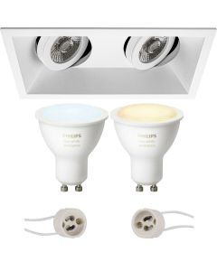 PHILIPS HUE - LED Spot Set GU10 - White Ambiance - Bluetooth - Pragmi Zano Pro - Inbouw Rechthoek Dubbel - Mat Wit - Kantelbaar - 185x93mm