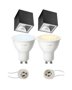 PHILIPS HUE - Opbouwspot Set GU10 - White Ambiance - Bluetooth - Pragmi Cliron Pro - Opbouw Vierkant - Mat Zwart/Zilver - Verdiept - 90mm