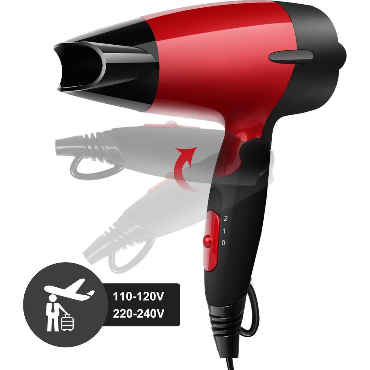 Sèche-cheveux - Aigi Lirindo - Sèche-Cheveux de Voyage - Poignée Pliable - 1400 Watt - Noir/Rouge