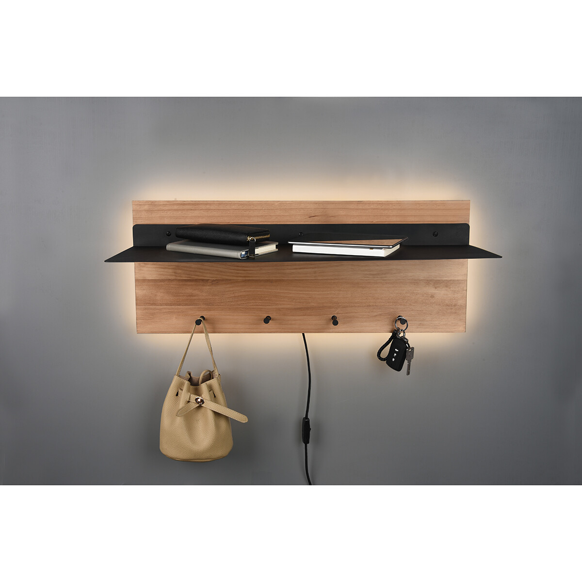 Porte-manteau - Trion Sammy - Porte-manteau Suspendu avec Éclairage LED et Panier - 10W - Blanc Chaud 3000K - Brun