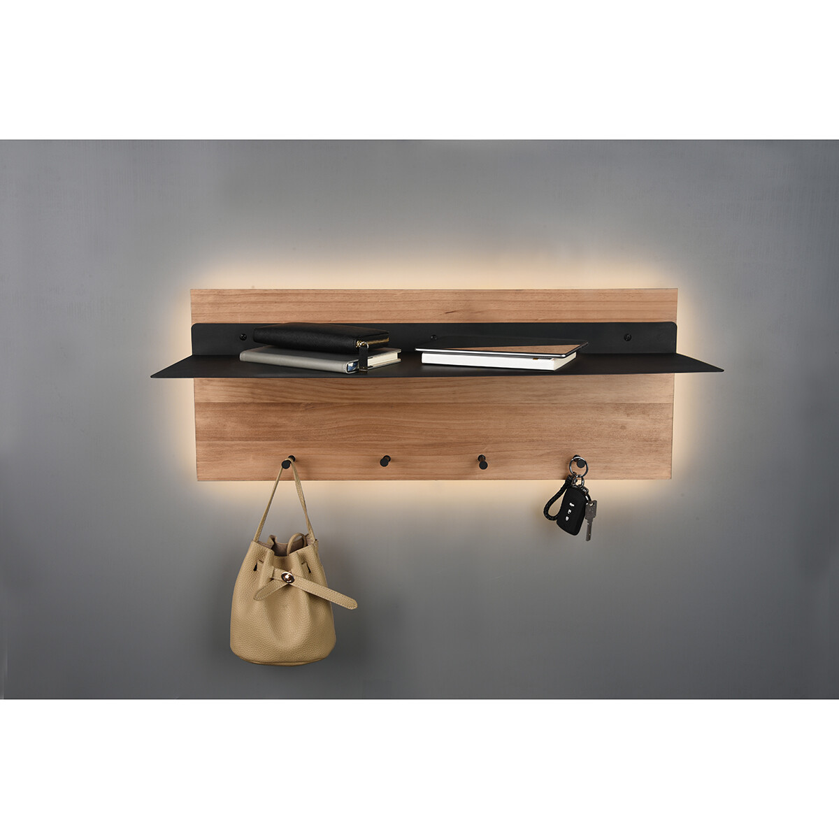 Porte-manteau - Trion Sammy - Porte-manteau Suspendu avec Éclairage LED et Panier - 10W - Blanc Chaud 3000K - Brun