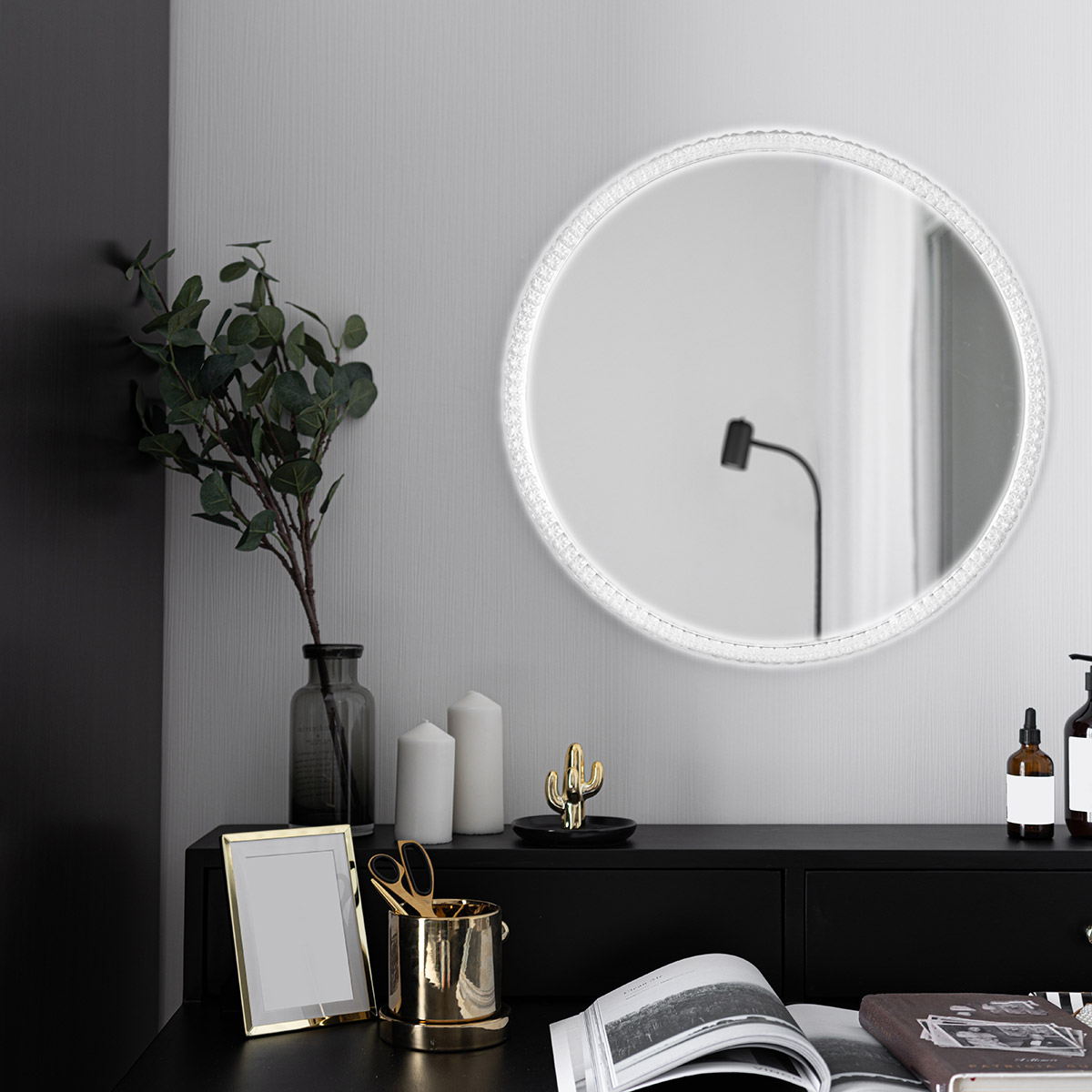 LED Miroir de Salle de Bain - Trion Aluna - Rond - IP44 - Interrupteur Tactile - 18W - Couleur Réglable - Verre Miroir