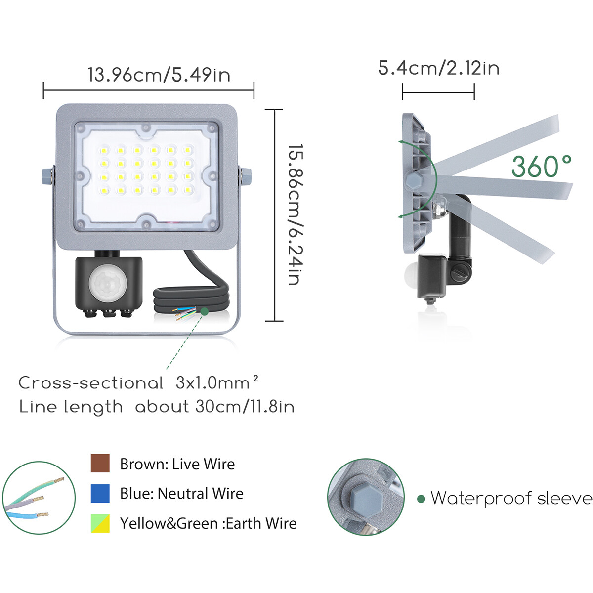 Projecteur LED avec Sensor - Aigi Zuino - 20 Watts - Blanc Froid 6500K - Étanche IP65 - Inclinable - Mat Gris - Aluminium