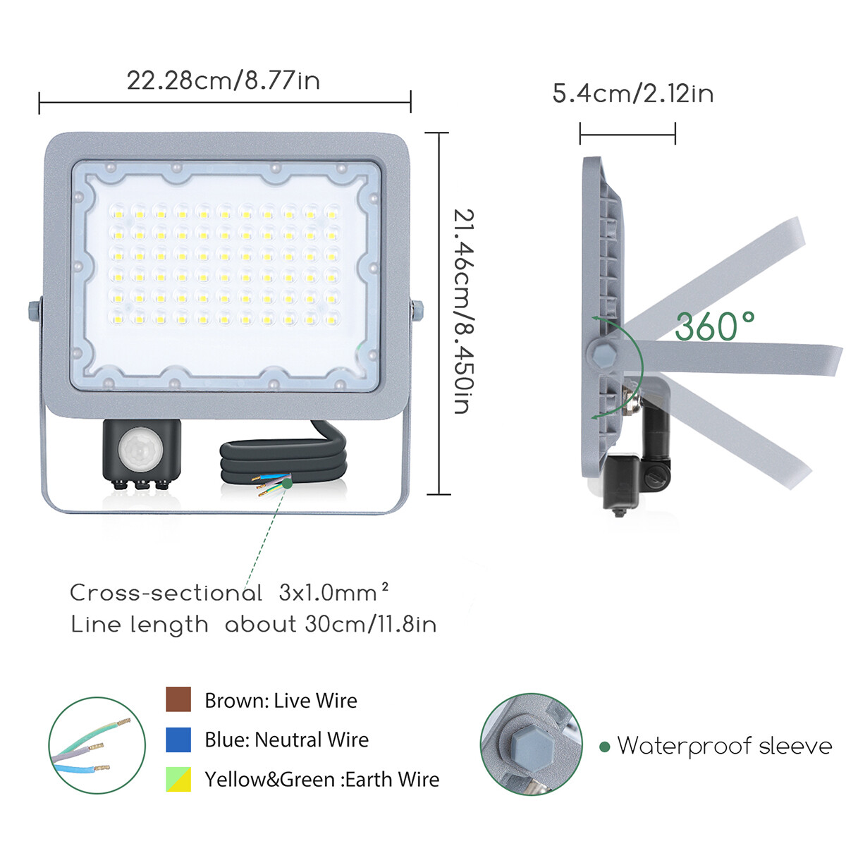 Projecteur LED avec Sensor - Aigi Zuino - 50 Watt - Blanc Froid 6500K - Étanche IP65 - Inclinable - Mat Gris - Aluminium