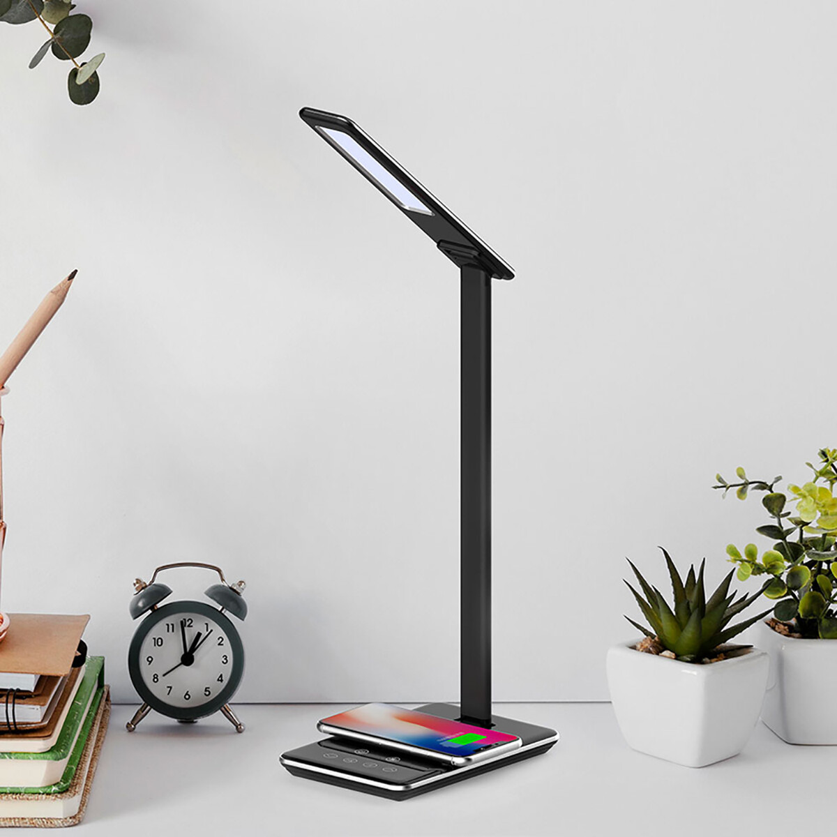 LED Lampe de Bureau - Brinton - 5W - Température de Lumière CCT Ajustable - Dimmable - Recharge Sans Fil Qi - Noir