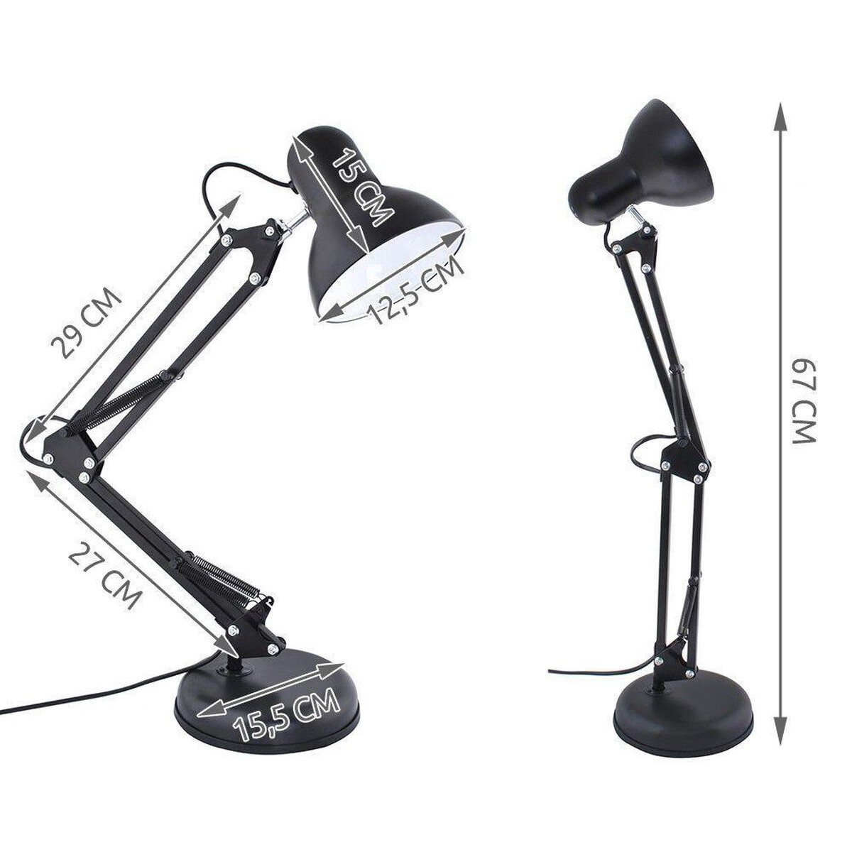 Lampe de bureau LED - Maxozo Rety - Douille E27 - Réglable - Rétro - Classique - Rond - Mat Noir