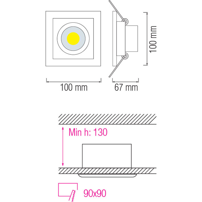 Spot LED - Spot Encastré - Carré 8W - Blanc Chaud 2700K - Mat Blanc Aluminium - Inclinable 100mm