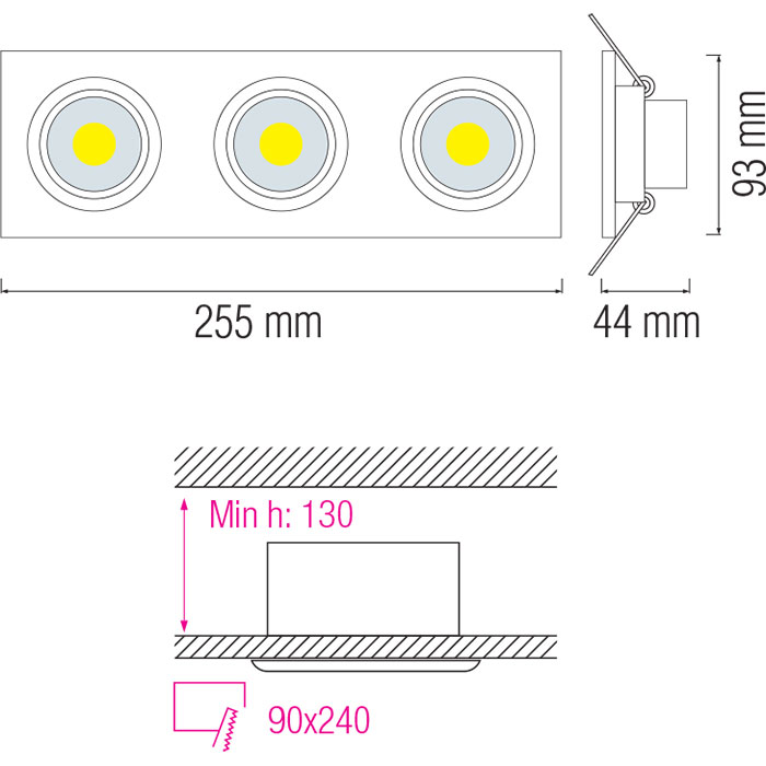 Spot LED - Spot Encastré 3-Lumières - Rectangle 15W - Blanc Froid 6400K - Mat Blanc Aluminium - Inclinable 255x93mm