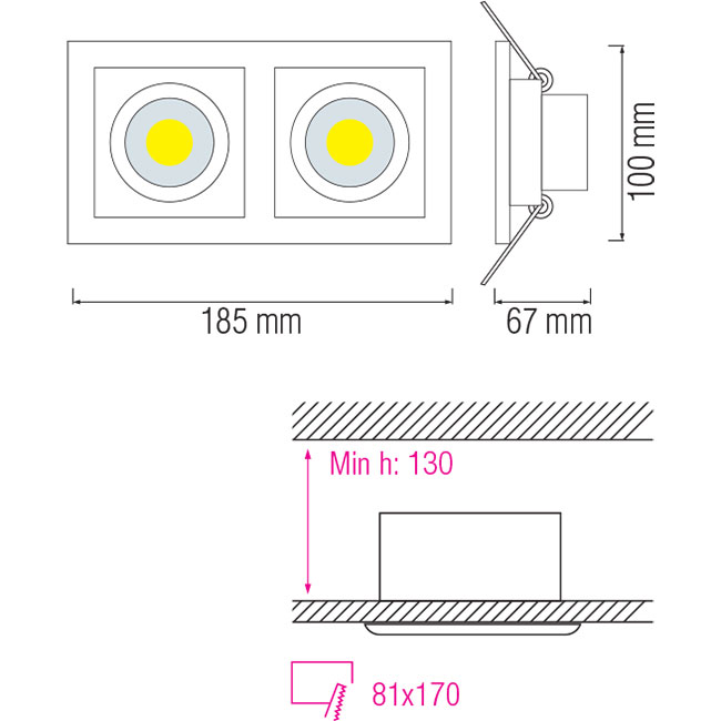 Spot LED - Spot Encastré Double - Rectangle 16W - Blanc Chaud 2700K - Mat Blanc Aluminium - Inclinable 185x100mm