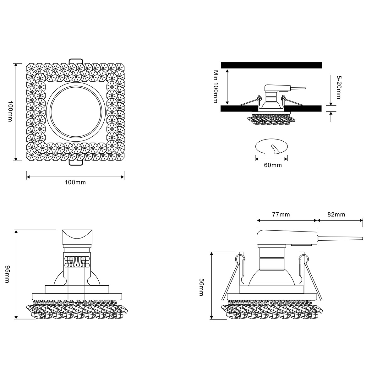 Support Spot GU10 - Trion Dilomy - Spot Encastré GU10 - Carré - Chrome - Aluminium - 100mm