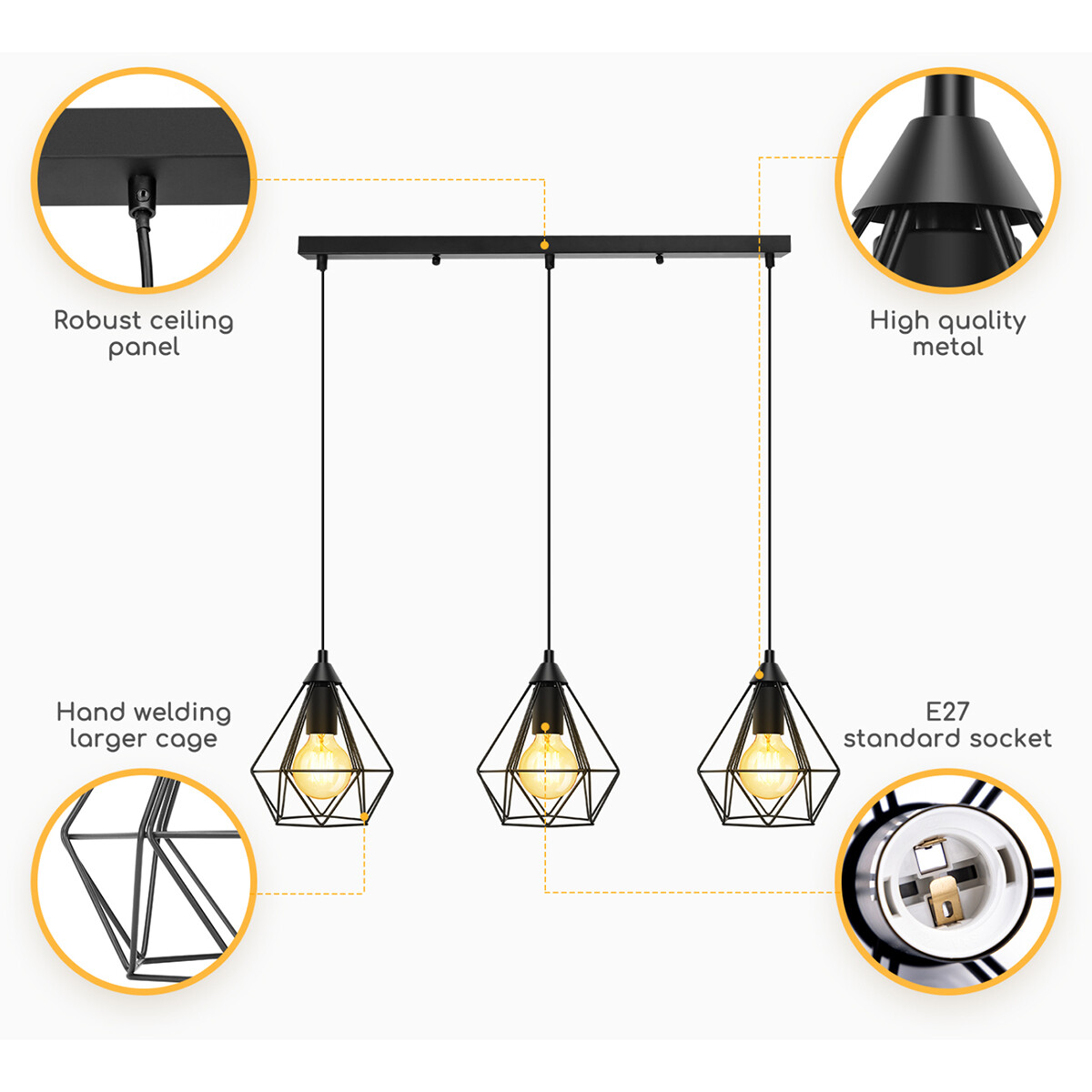 Suspension LED - Luminaire Suspendu - Aigi Elsa - Douille E27 - 3-lumières - Rétro - Classique - Mat Noir - Aluminium