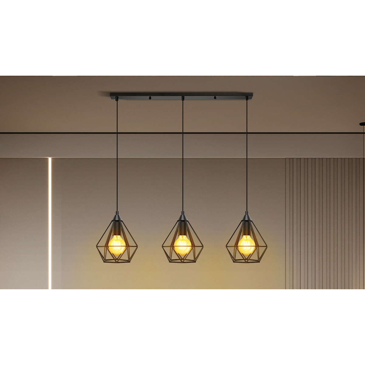 Suspension LED - Luminaire Suspendu - Aigi Elsa - Douille E27 - 3-lumières - Rétro - Classique - Mat Noir - Aluminium