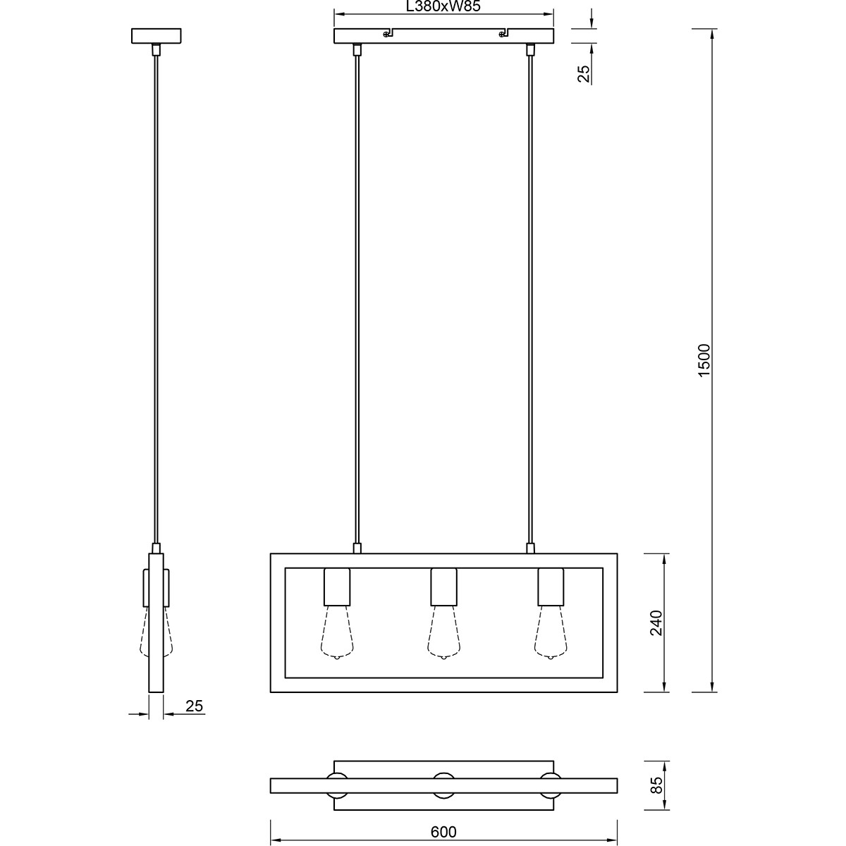 Suspension LED - Luminaire Suspendu - Trion Aplon - Douille E27 - 3-lumières - Rectangle - Mat Noir - Aluminium