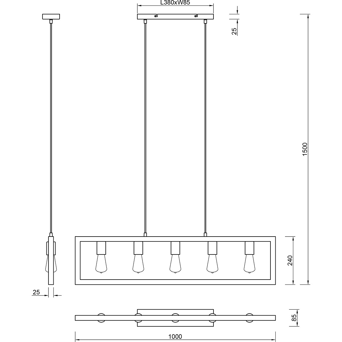 Suspension LED - Luminaire Suspendu - Trion Aplon - Douille E27 - 4-lumières - Rectangle - Mat Noir - Aluminium