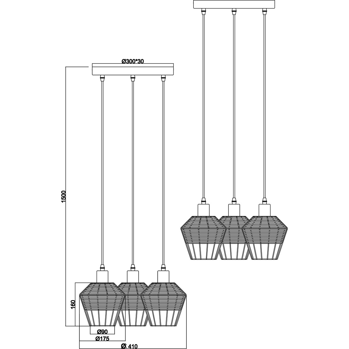 Suspension LED - Luminaire Suspendu - Trion Bera - Douille E27 - 3-lumières - Rond - Brun - Aluminium