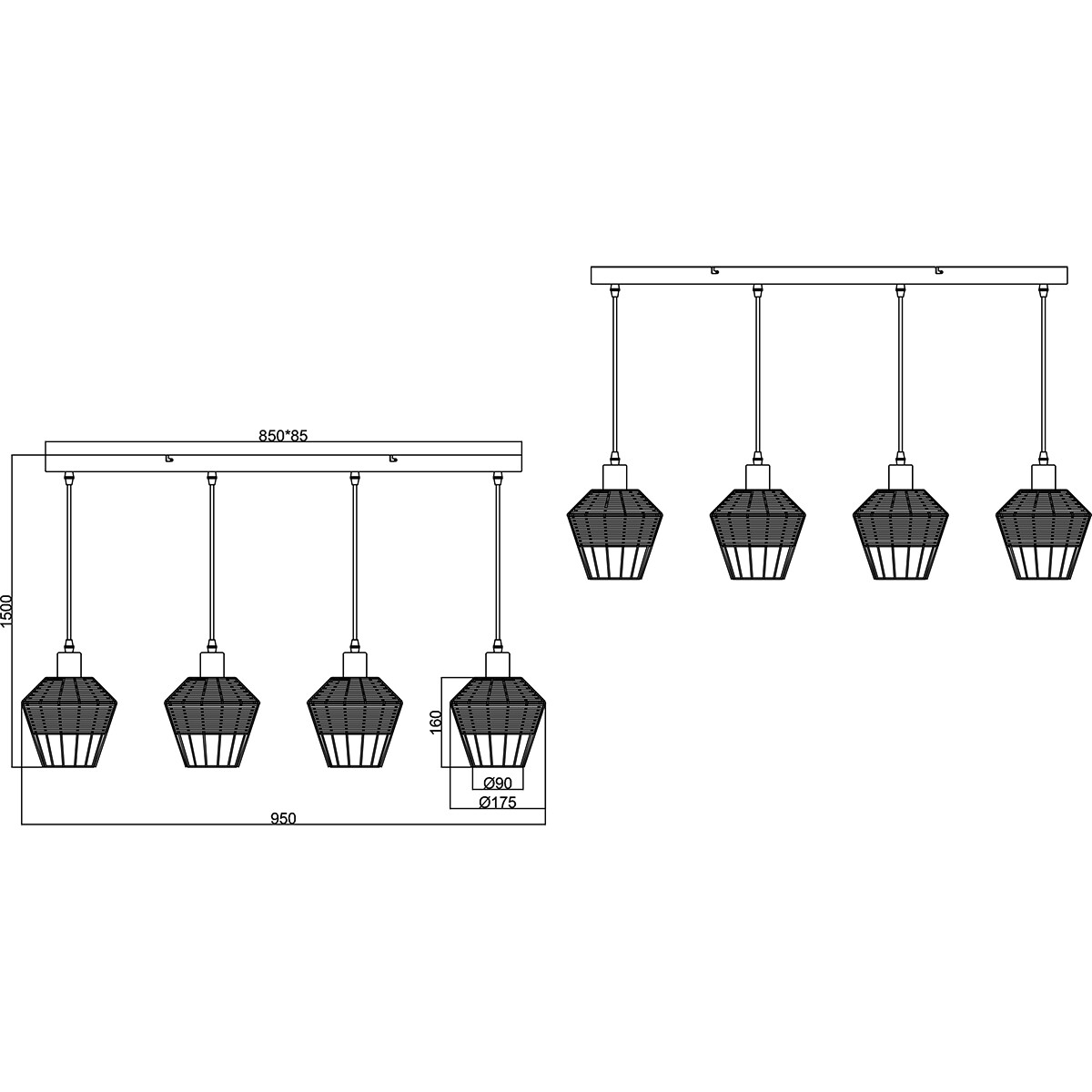 Suspension LED - Luminaire Suspendu - Trion Bera - Douille E27 - 4-lumières - Rectangle - Brun - Aluminium