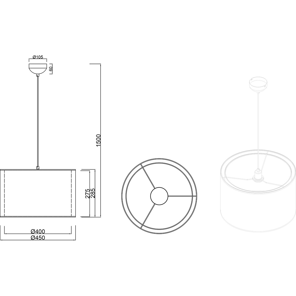 Suspension LED - Luminaire Suspendu - Trion Bidon - Douille E27 - 1-lumière - Rond - Mat Noir - Aluminium