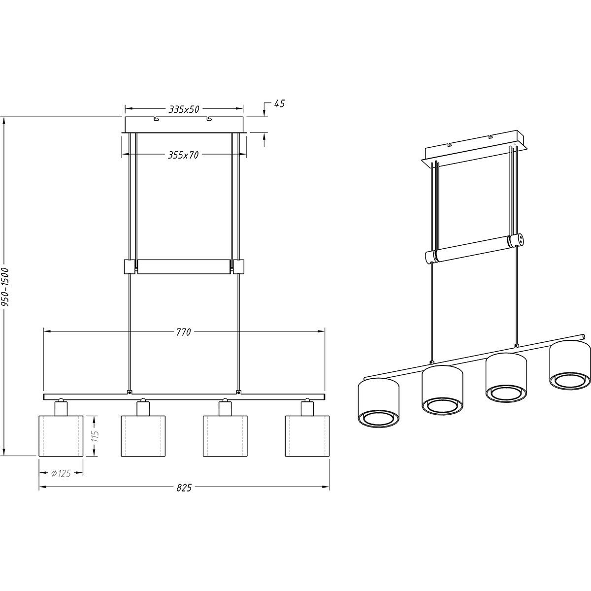 Suspension LED - Luminaire Suspendu - Trion Bidon - Douille E27 - 4-lumières - Rectangle - Mat Noir - Aluminium