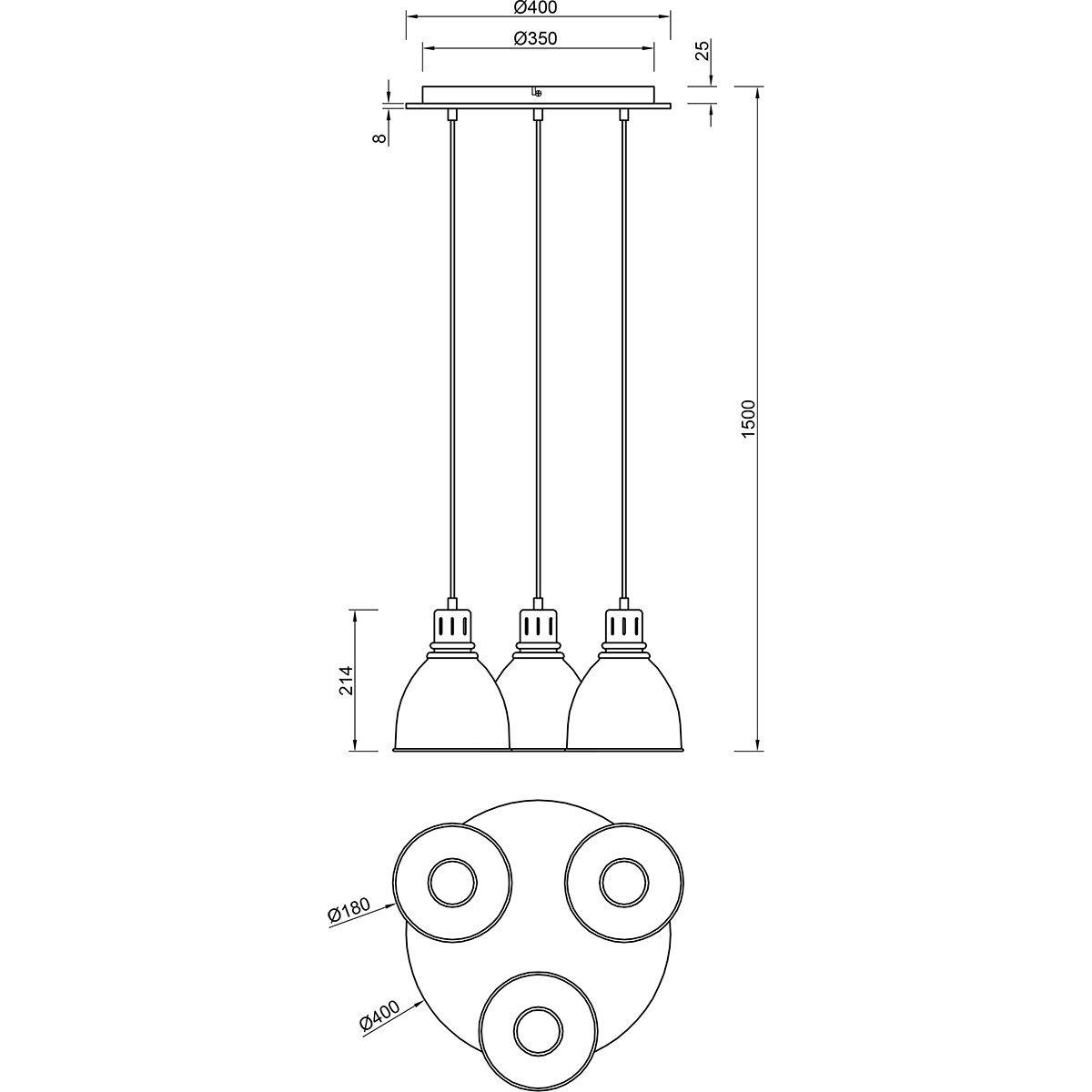 Suspension LED - Luminaire Suspendu - Trion Handoll - Douille E27 - 3-lumières - Rond - Mat Noir - Aluminium