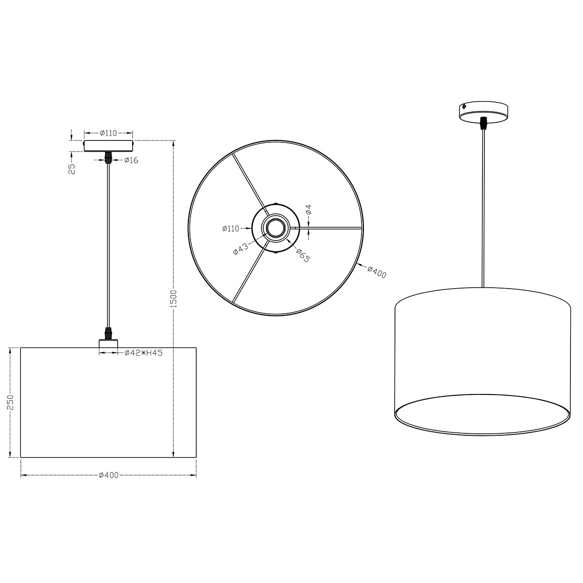 Suspension LED - Luminaire Suspendu - Trion Hotia - Douille E27 - 1-lumière - Rond - Mat Noir - Aluminium