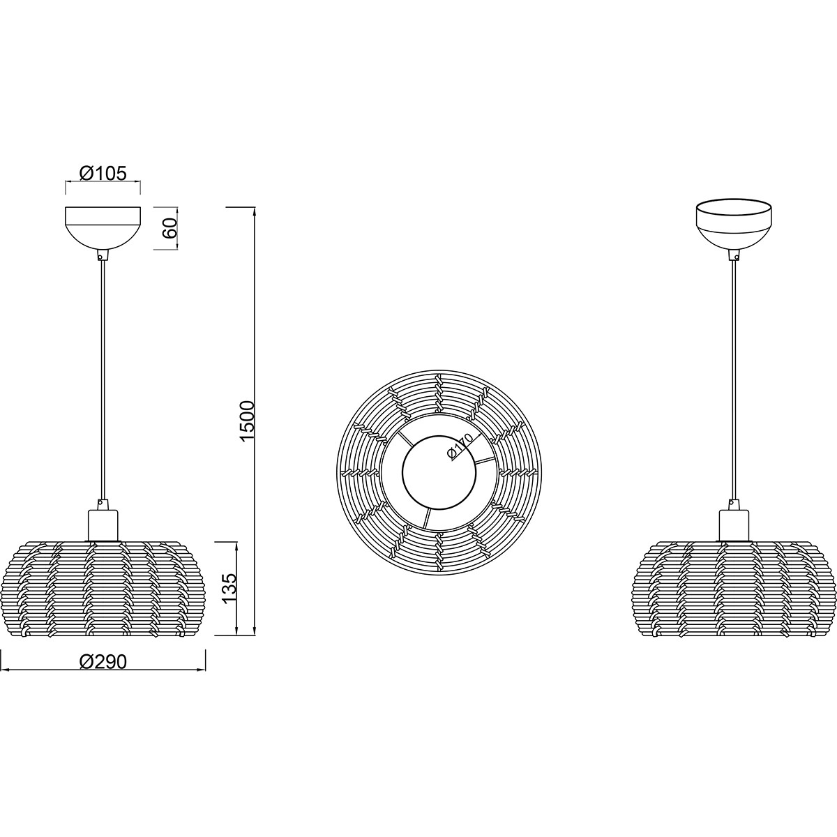 Suspension LED - Luminaire Suspendu - Trion Irene - Douille E27 - 1-lumière - Rond - Brun - Bois