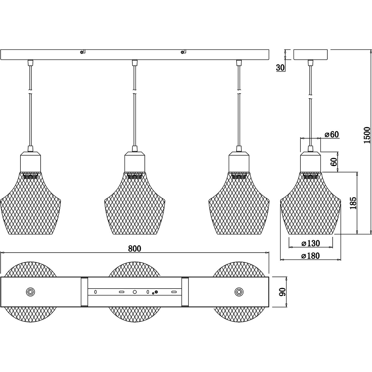 Suspension LED - Luminaire Suspendu - Trion Jenna - Douille E27 - 3-lumières - Rectangle - Mat Noir - Aluminium