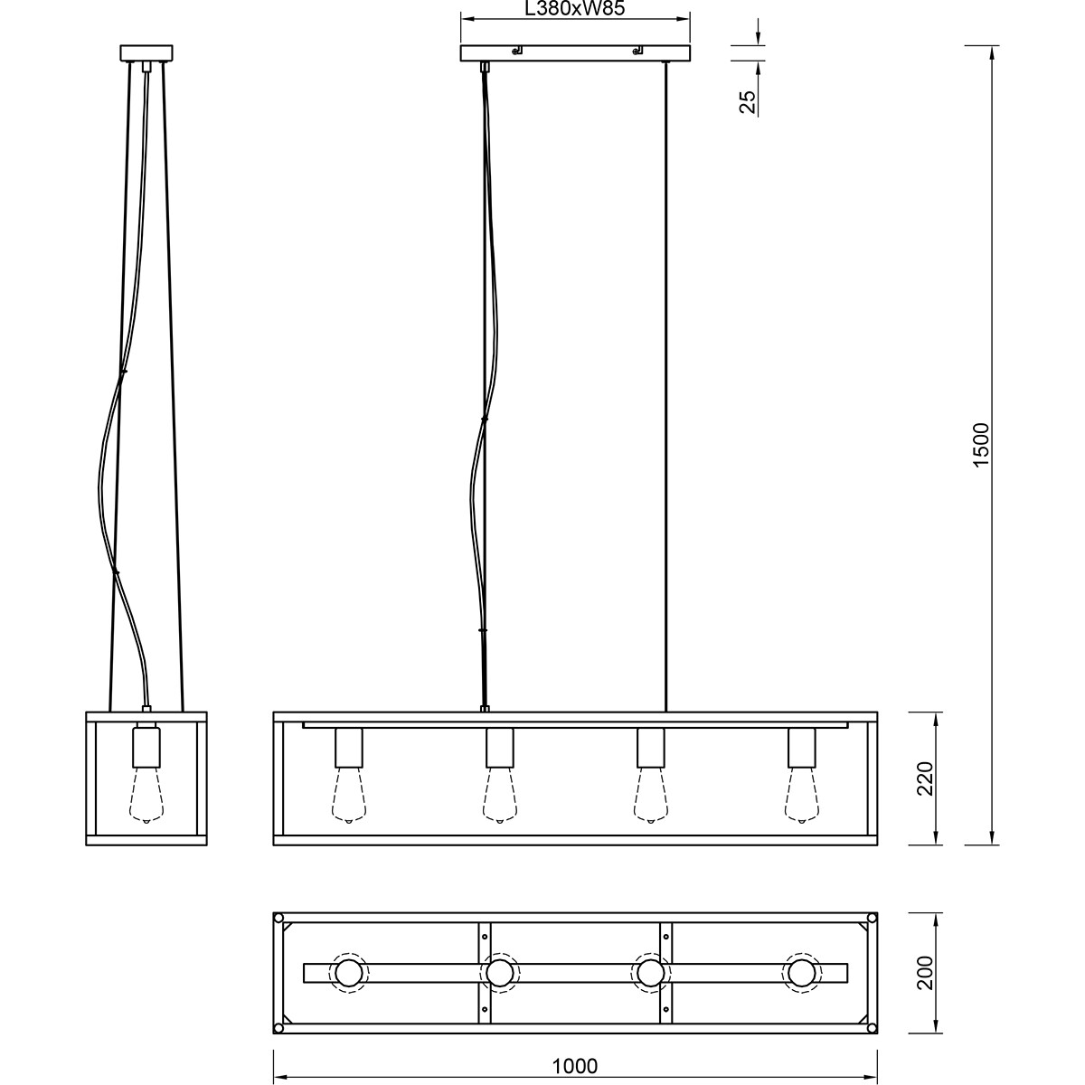 Suspension LED - Luminaire Suspendu - Trion Kandin - Douille E27 - 4-lumières - Rectangle - Mat Noir - Aluminium