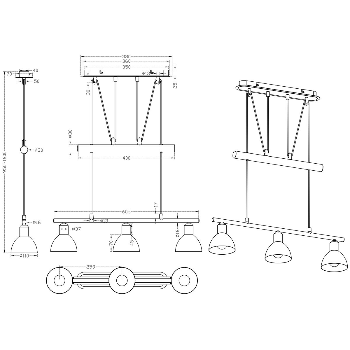 Suspension LED - Luminaire Suspendu - Trion Levino - Douille E14 - Blanc Chaud 3000K - 3-lumières - Rectangle - Mat Or - Aluminium