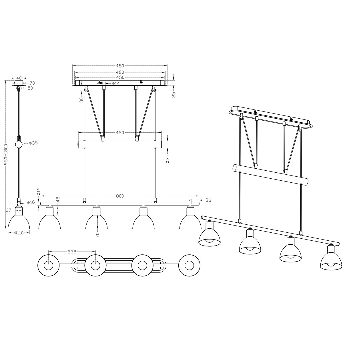 Suspension LED - Luminaire Suspendu - Trion Levino - Douille E14 - Blanc Chaud 3000K - 4-lumières - Rectangle - Mat Or - Aluminium