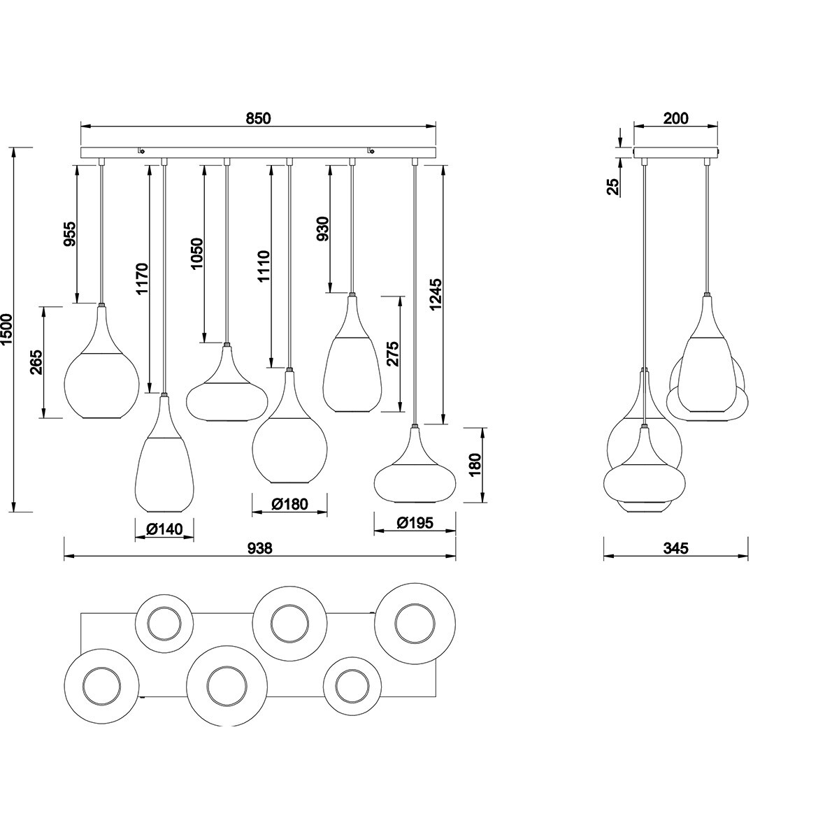 LED Suspension - Éclairage Suspendu - Trion Lidia - Douille E14 - 6-lumières - Rond - Noir Mat - Métal